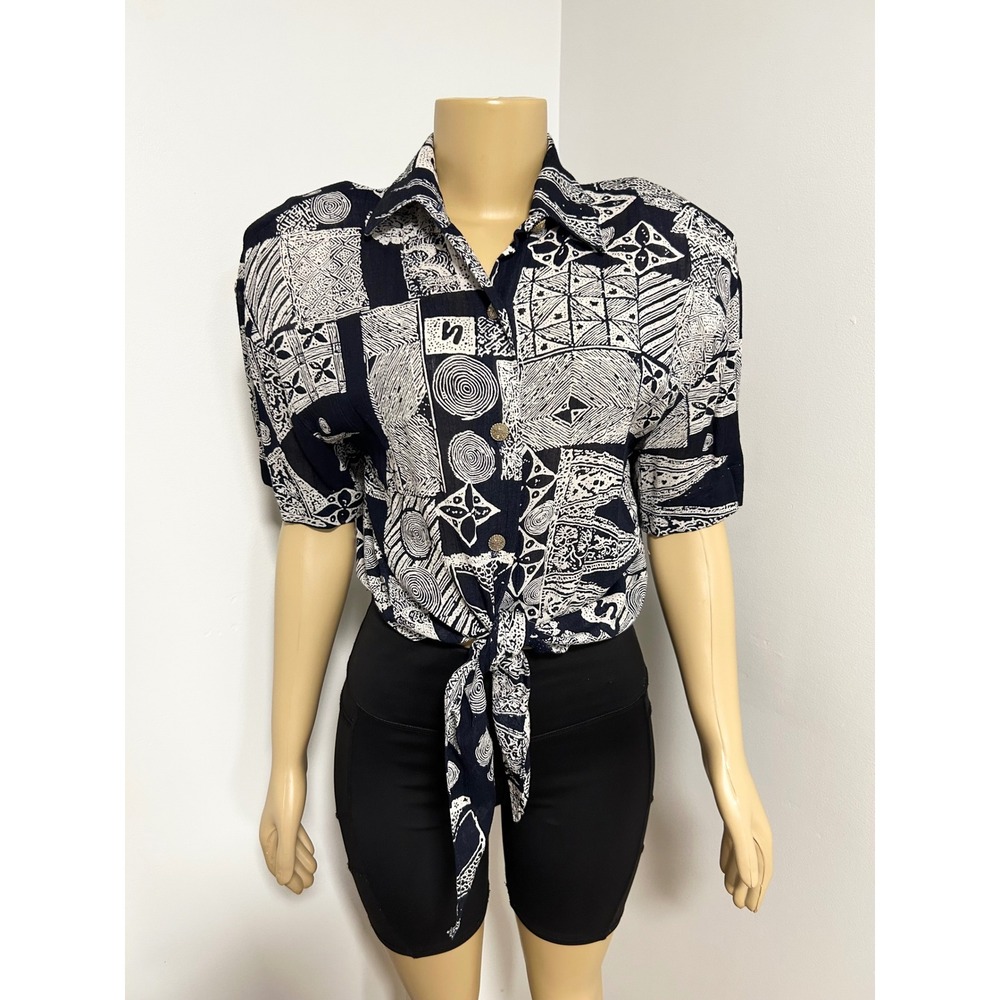 Vintage Connections Navy White Geometric Tie Front Blouse Rayon USA Small 8/10